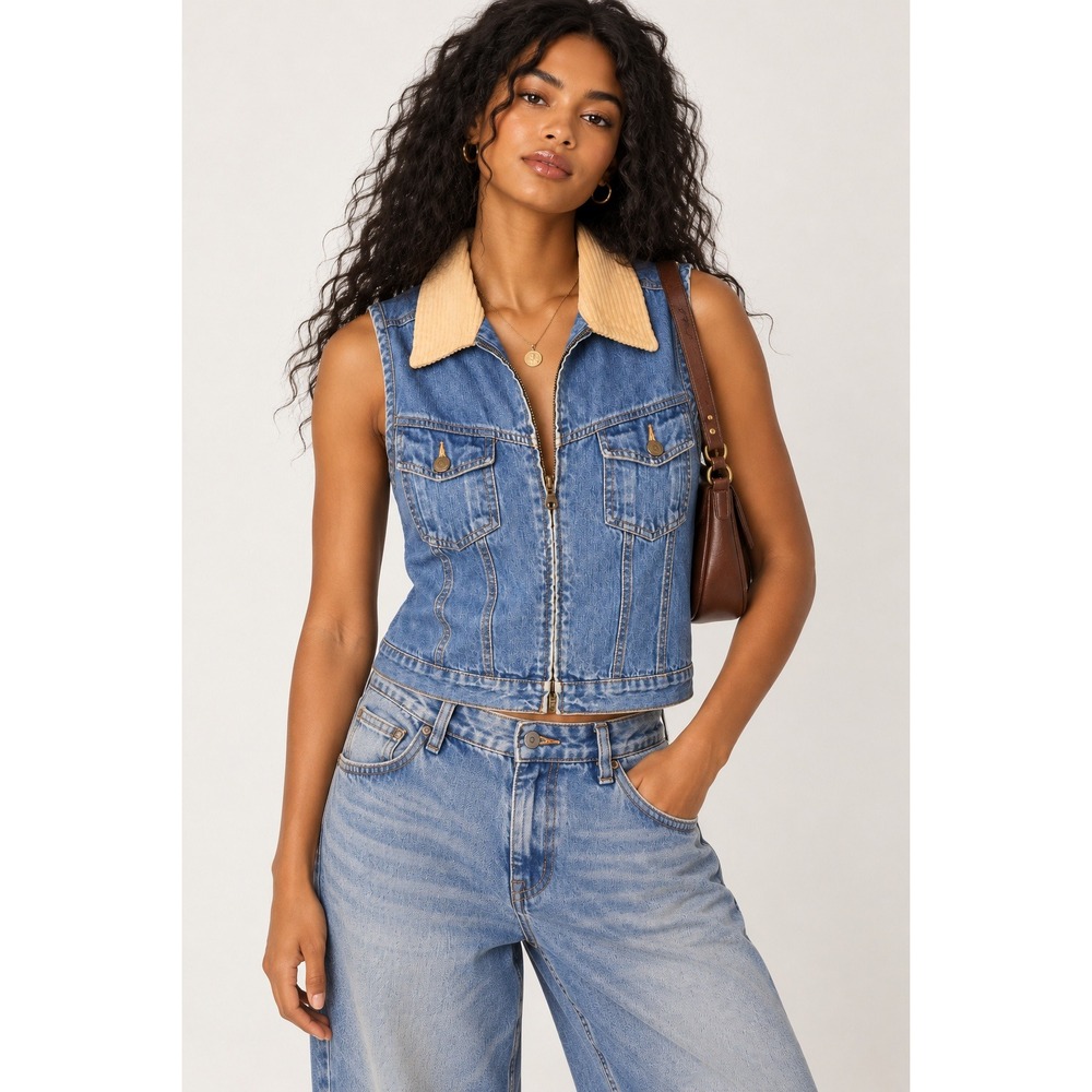 Vintage St. John's Bay Denim Vest Petite Medium Corduroy Collar Zip Front 90s